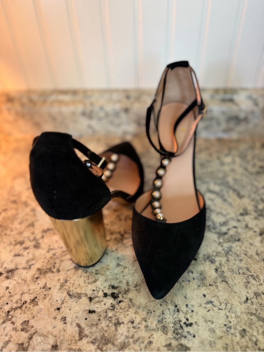 kate spade Black Suede T-Strap Block Heel Pumps with Gold Pearl Sexy Career - Picture 7 of 8